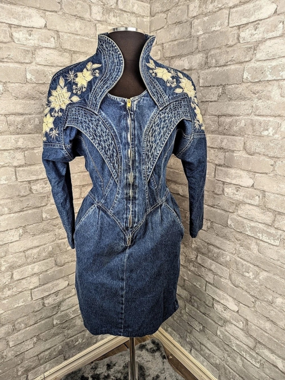 Vintage 80s Embroidered Sequined Denim Midi Jeans Dress Size Small